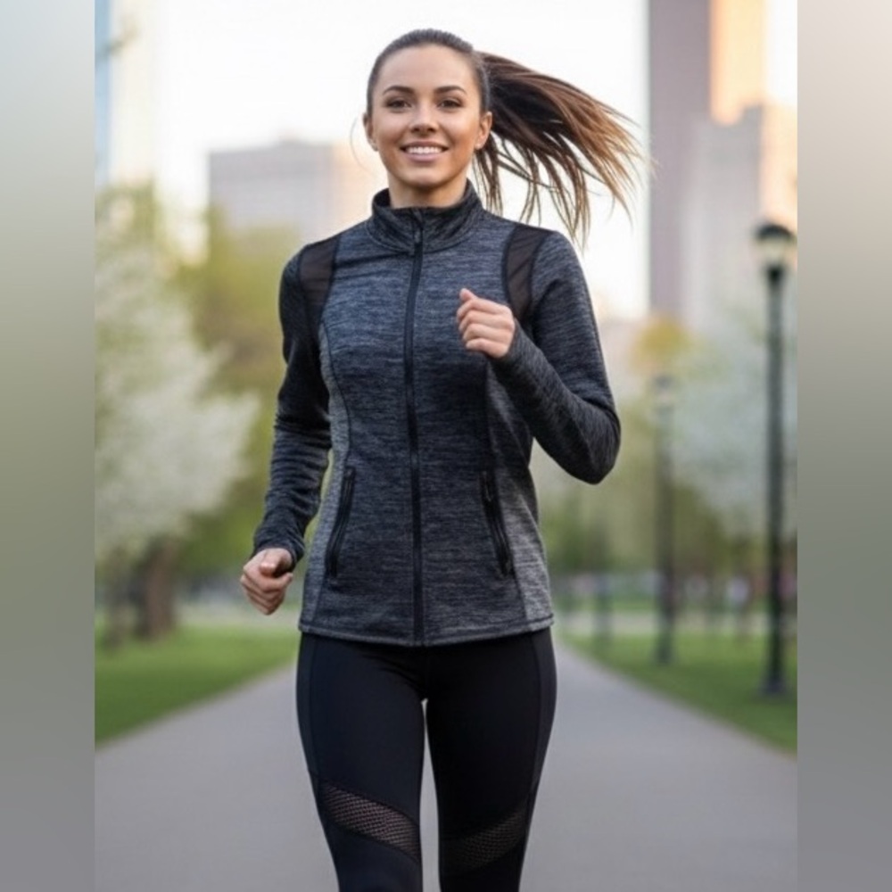 Nicole Miller Athletic Full Zip Jacket With Mesh & Thumbholes, Black/Grey, Small